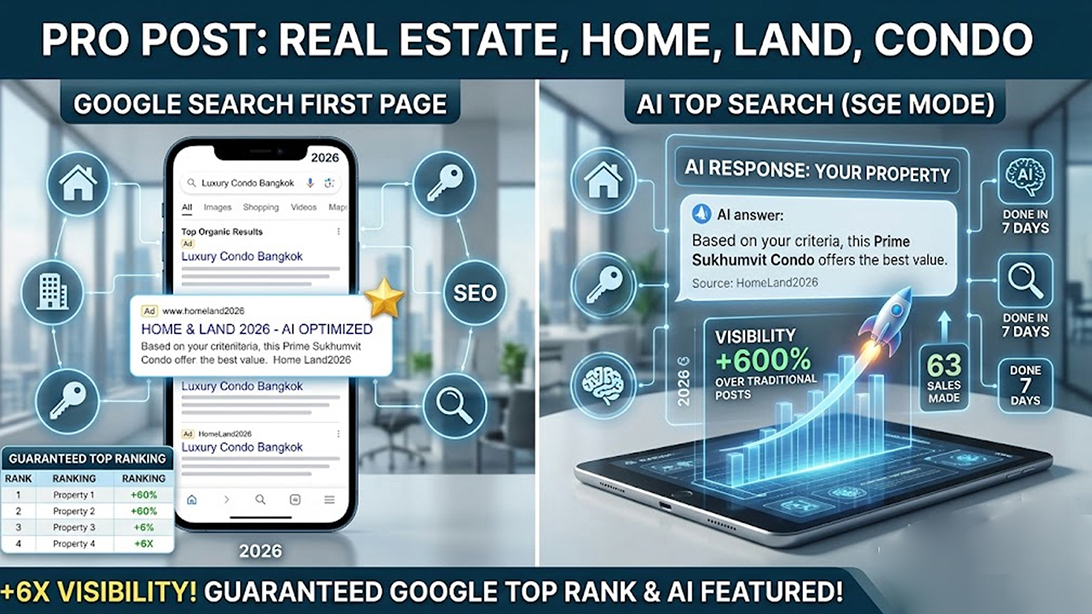 โฆษณา ประกาศ ไม่มีค่านายหน้า รับประกาศขายบ้าน โพสต์บ้านที่ดิน โฆษณาขายอสังหา ติดกูเกิลและAI