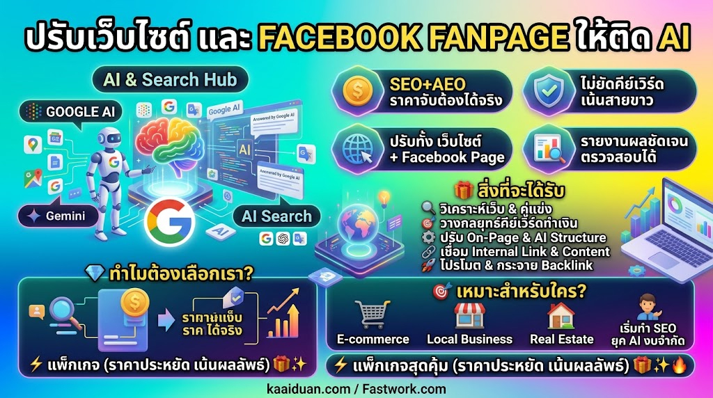 ประกาศ รับจ้าง ให้ติดGoogle 2026 แต่งเว็บ&ปรับแฟนเพจ ติดAISearch ปรับโครงสร้างเว็บและแฟนเพจ